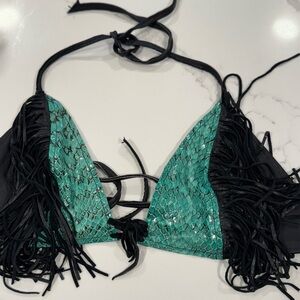 Black and Green Fringe Bikini Top